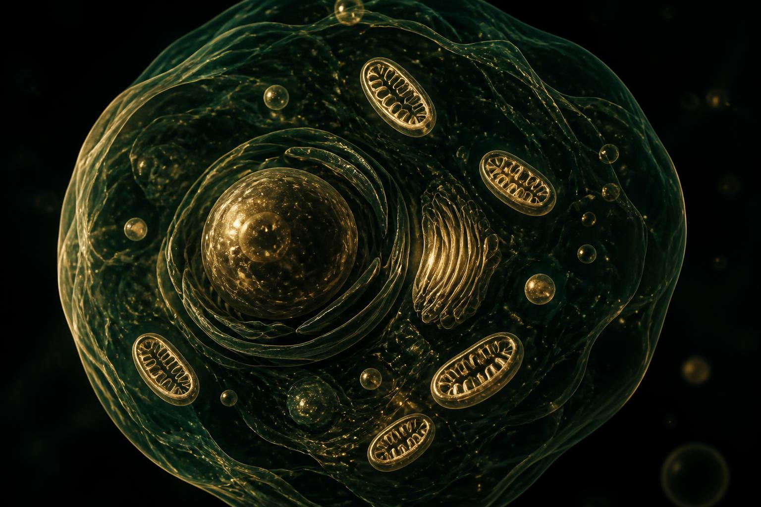 Cell illustration with gold mitochondria