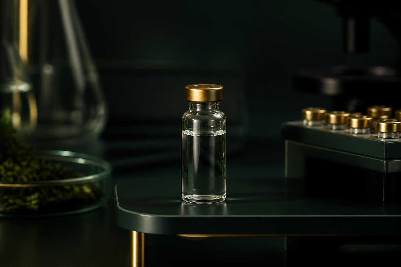 Laboratory vial with a gold cap on a dark bench